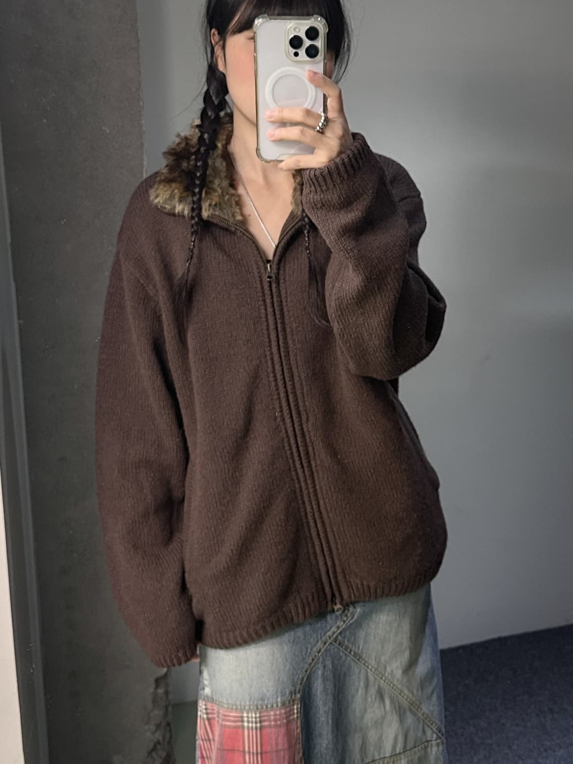 fur collar oversized zip up knit 상품이미지4