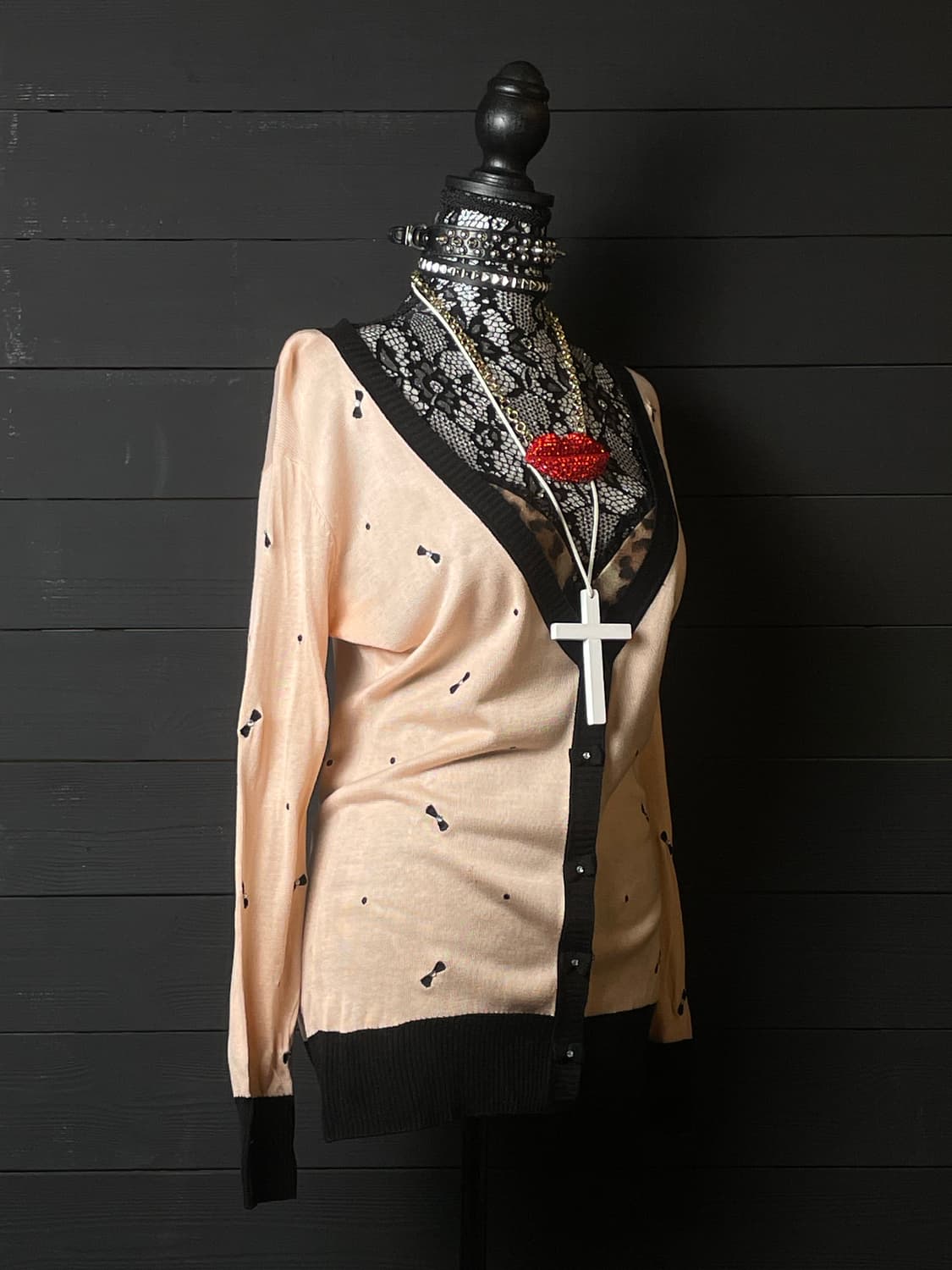 CECIL McBEE 살구색 리본 패턴 리본 버튼 갸루 가디건 상품이미지2