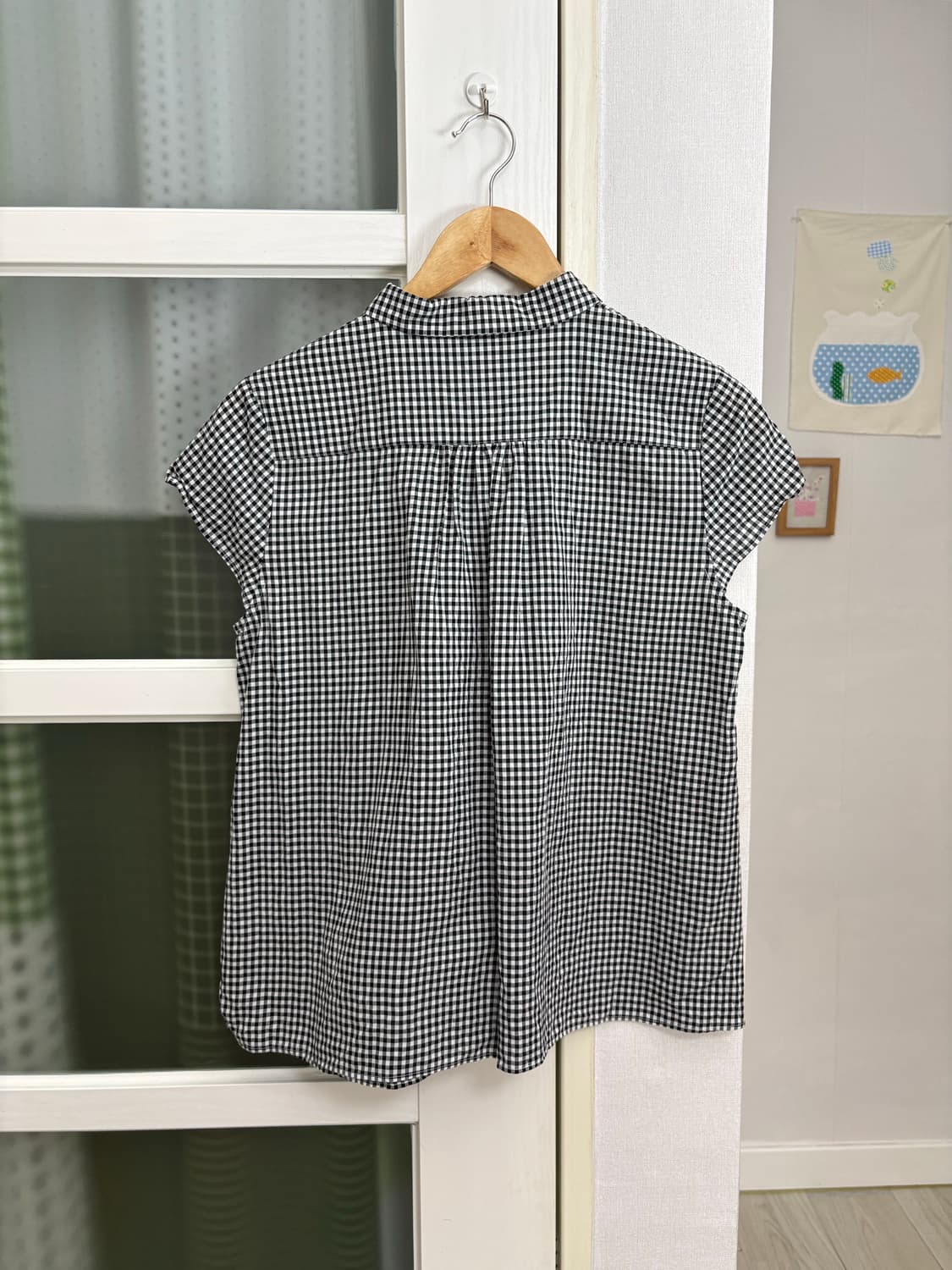 블랙 체크 반소매 블라우스 상품이미지4