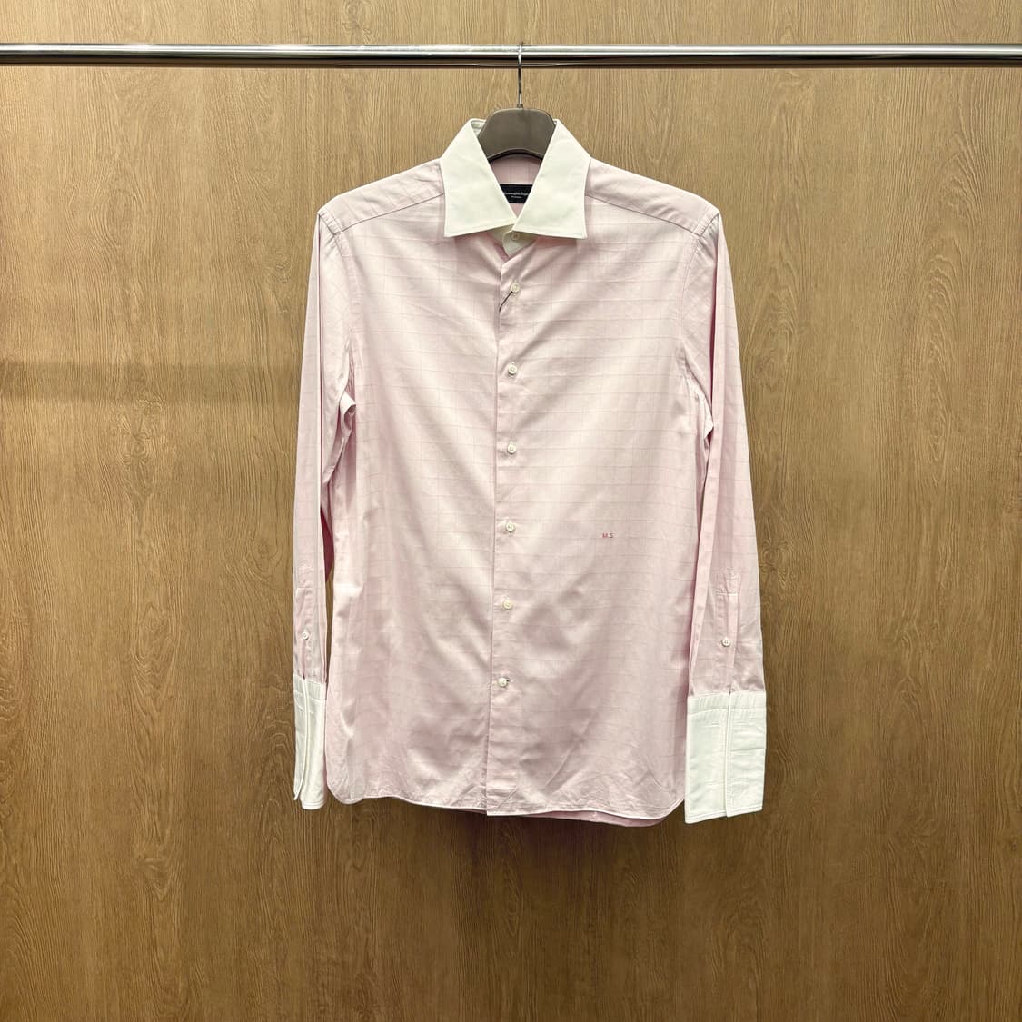  에르메네질도 제냐 코튼 셔츠 톤온톤 체크 패턴 화이트 커프 디테일 핑크 상품이미지2