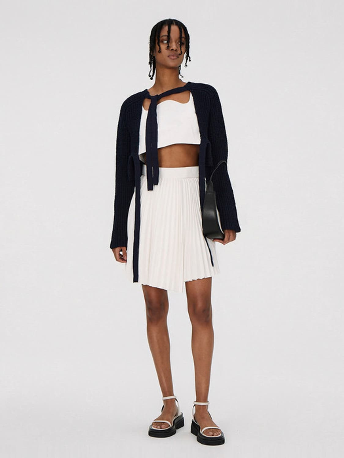 렉토 코튼 리본 타이즈 니티드 가디건 네이비 상품이미지3