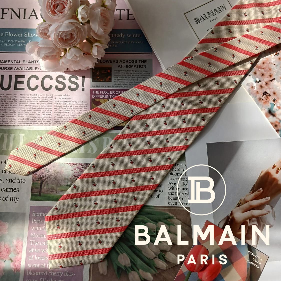 발망 아이보리 스트라이프 자수 넥타이 9.6cm A+등급 A19706 상품이미지2