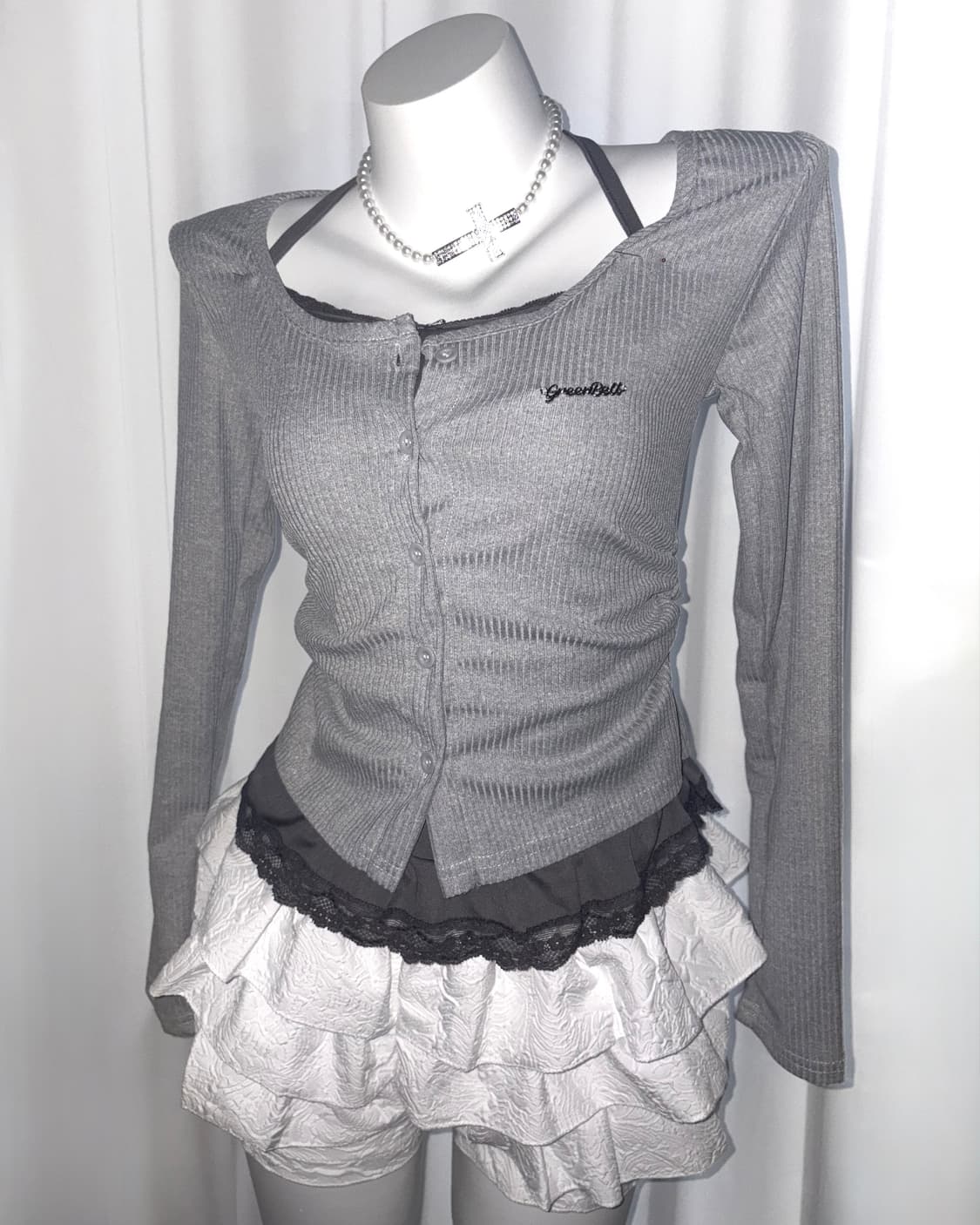 [hina lace T] 레이스 레이어드 홀터넥 긴팔 티셔츠 블라우스 상품이미지1