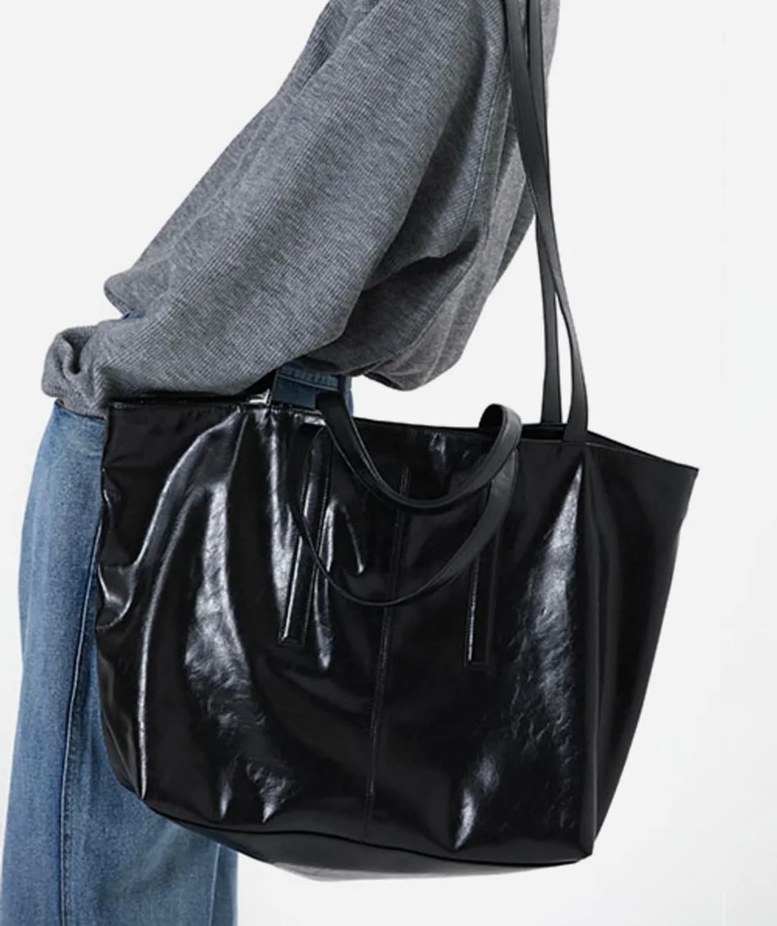 밈더워드로브 크랙 레더 빅 토트백 블랙 상품이미지1