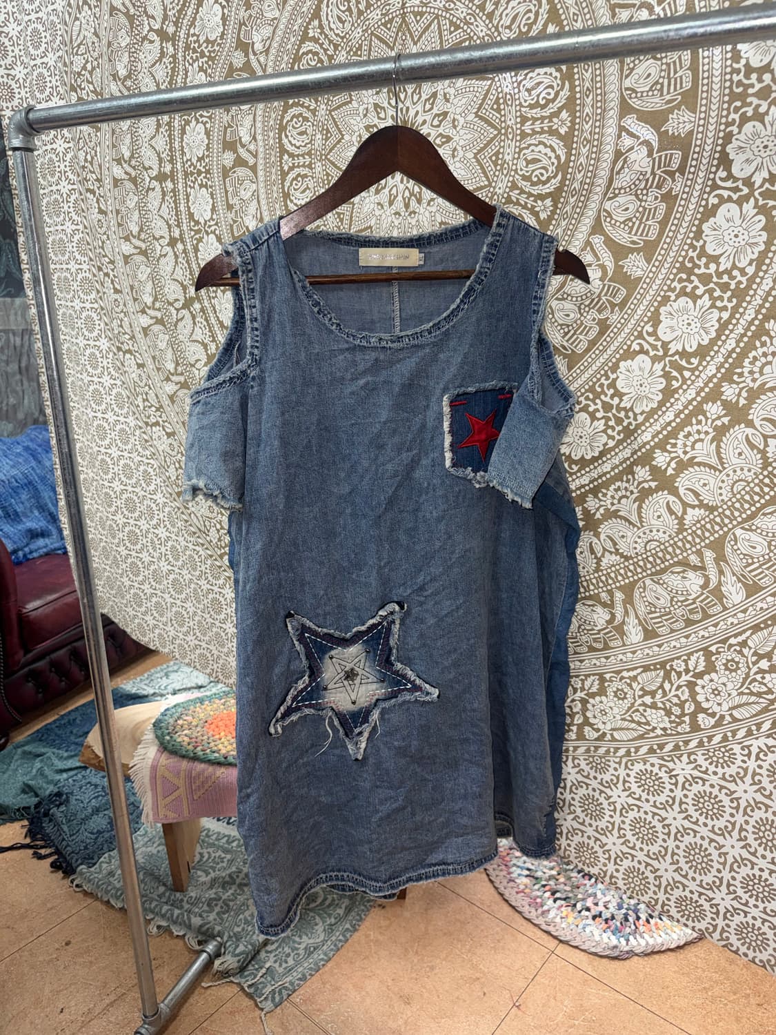 Yibojingpin 여성 별 패치 데님 원피스  상품이미지2