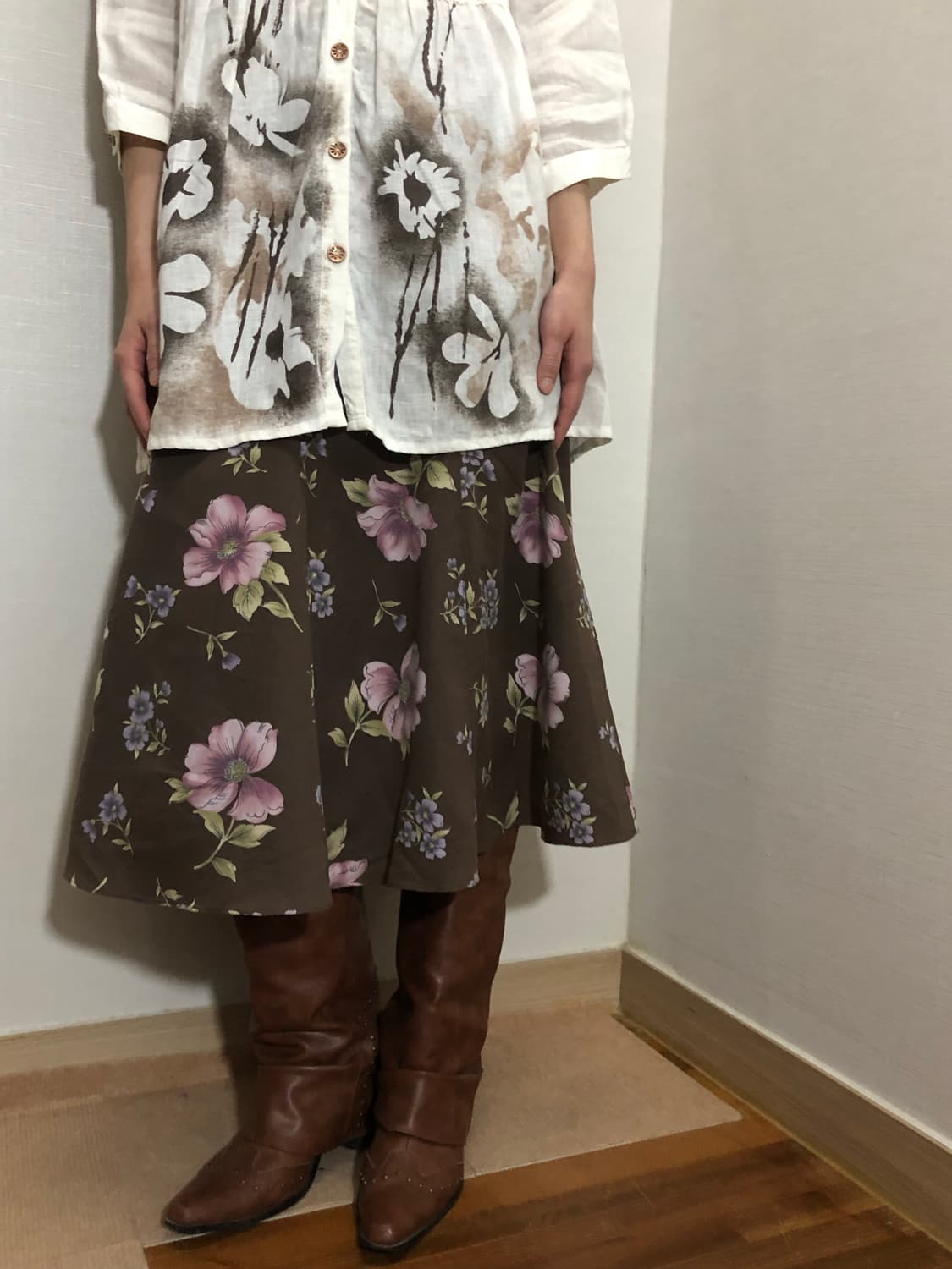 빈티지 브라운 플라워 미디 스커트 상품이미지2