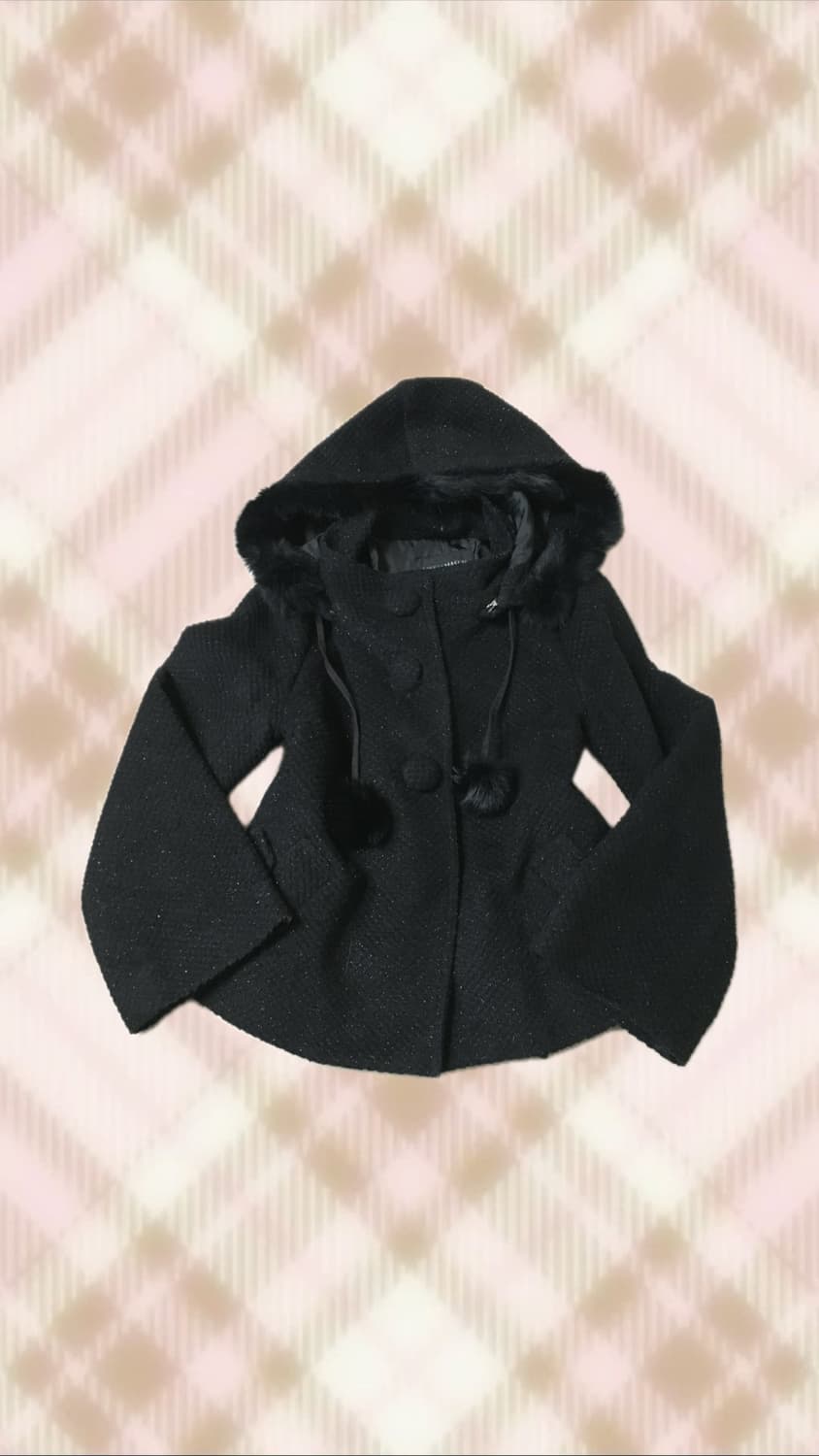 블랙 후드 퍼 폼폼이 숏 코트 라떼 히메 오네 갸루 러블리 로걀 빈티지 상품이미지1