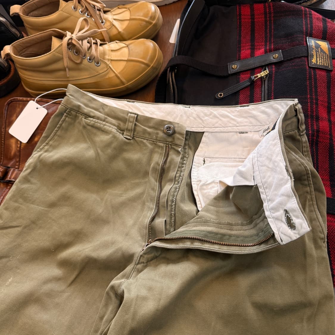 쇼트 NYC 일본생산 올리브 치노 팬츠 데미지 힐바이트 30 31 상품이미지4