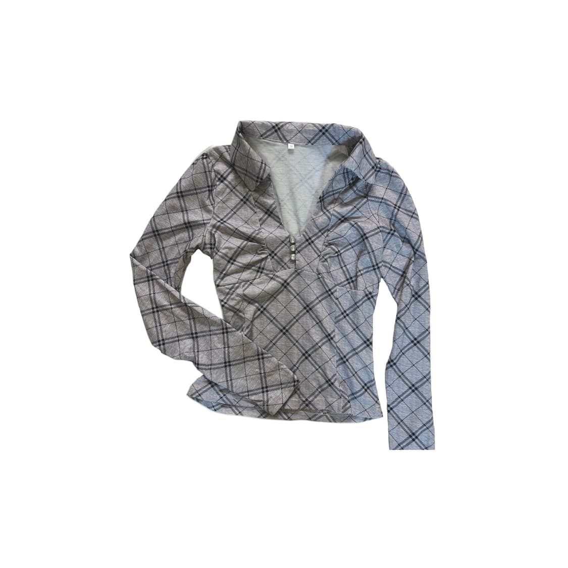 카라 체크 긴팔티 티셔츠 그레이 롱슬리브 룩혼 페미닌 상품이미지1