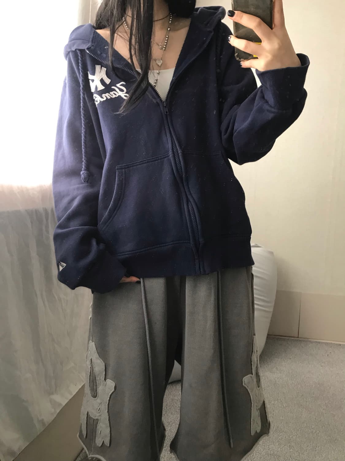 마제스틱 네이비 오버핏 양키스 후드집업 상품이미지3