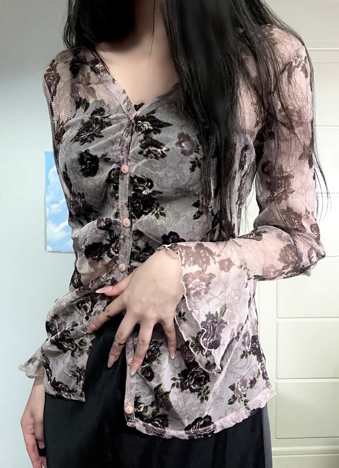 퍼플 엔틱 에스닉 고딕 로즈 장미 프릴 레이스 셔링 쉬폰 가디건 블라우스 상품이미지5
