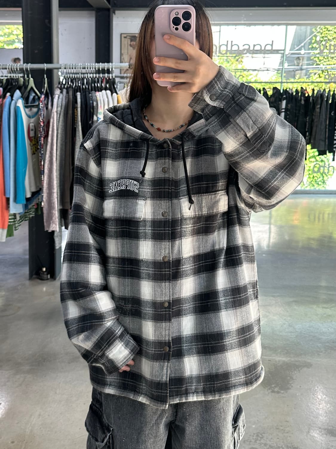 슈프림 19FW 퀄티드 후디 플레이드 셔츠 블랙 상품이미지1