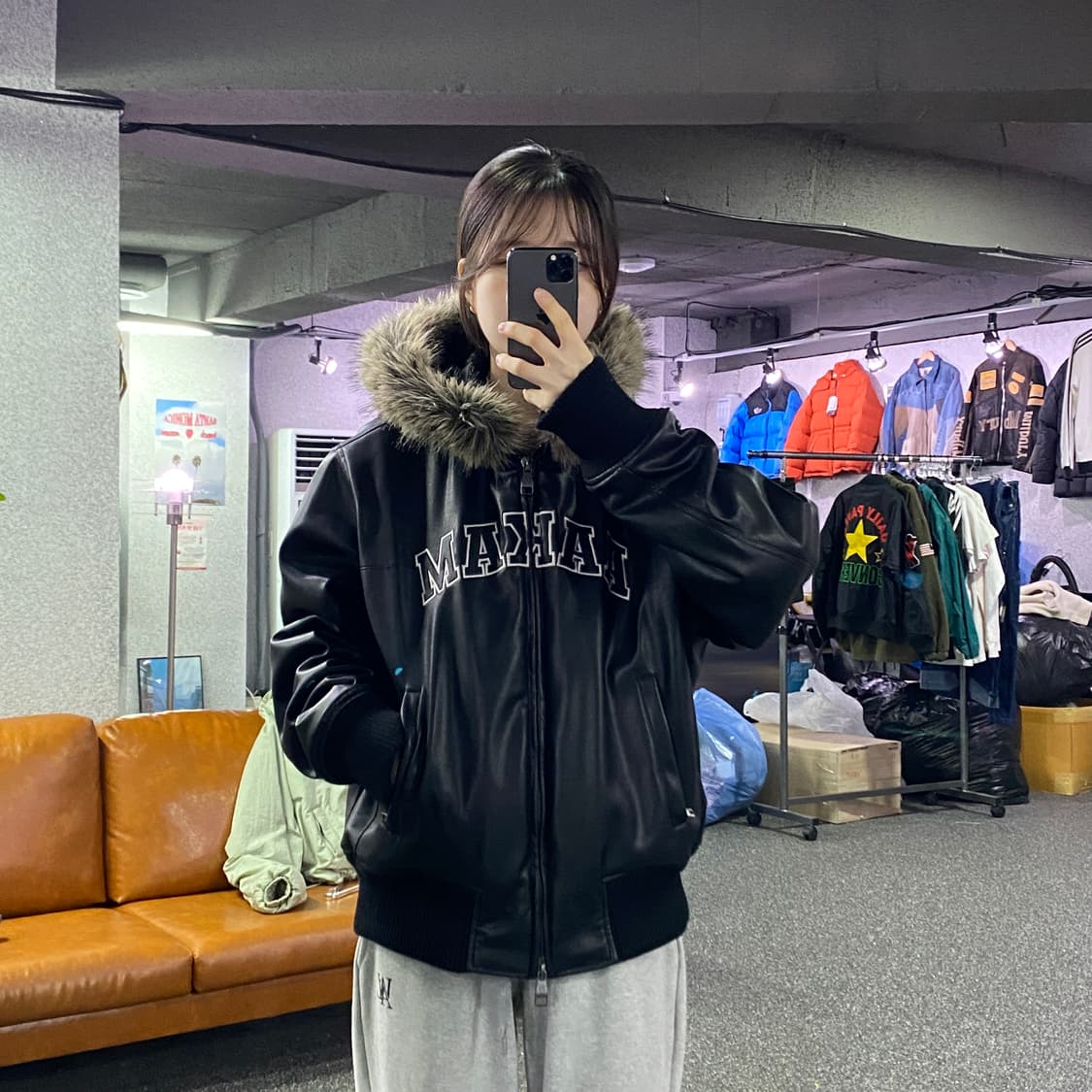 AAKAM 아치로고 투웨이 후드 퍼 레더자켓  B4328  상품이미지1