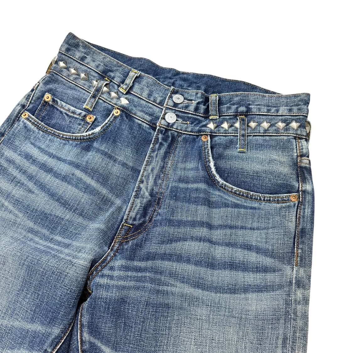 JPN 더블 웨이스트 스터드 테이퍼드핏 데님 롱팬츠 상품이미지4