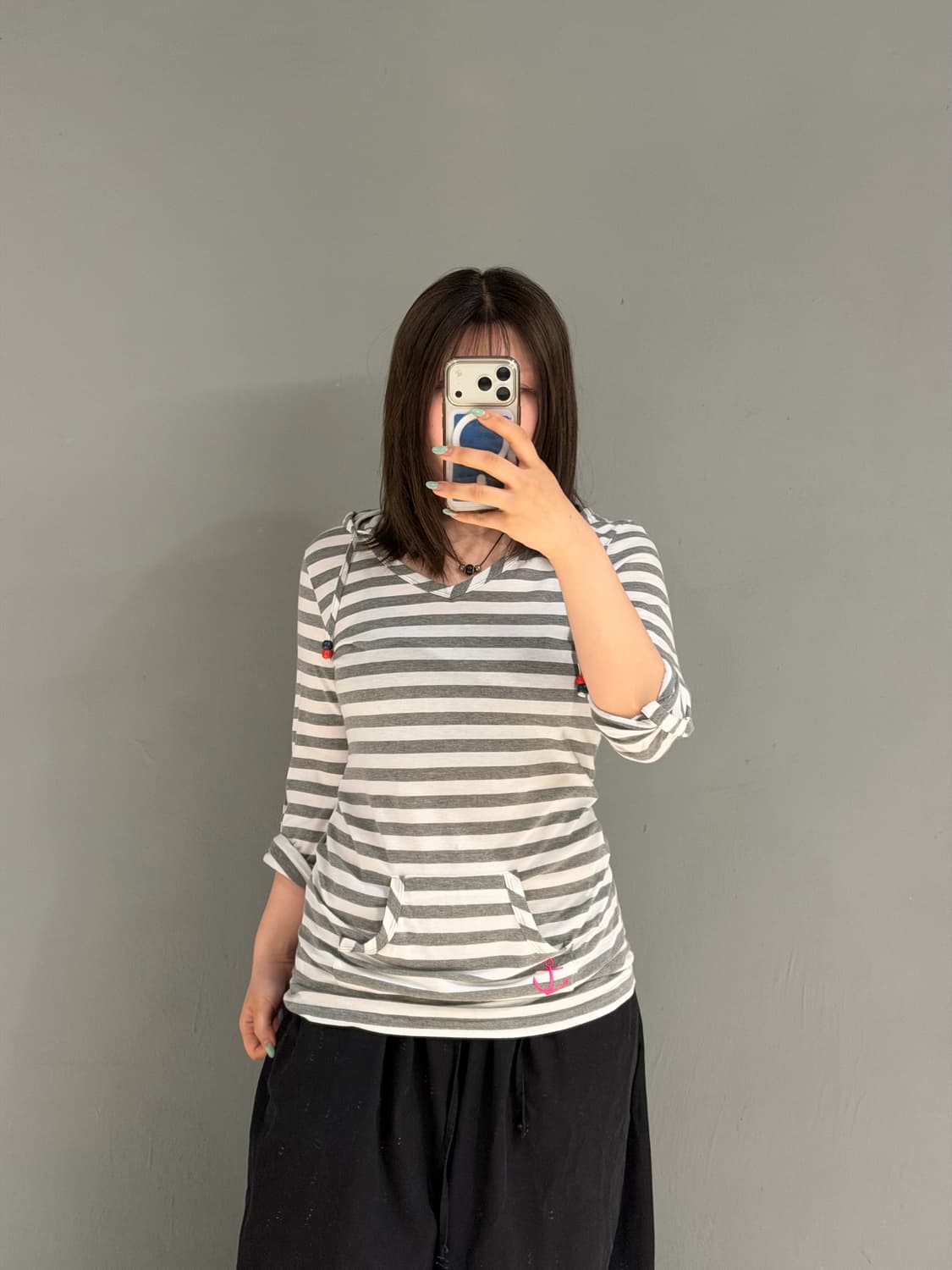 stripe pattern v-neck hood sleeve 상품이미지2