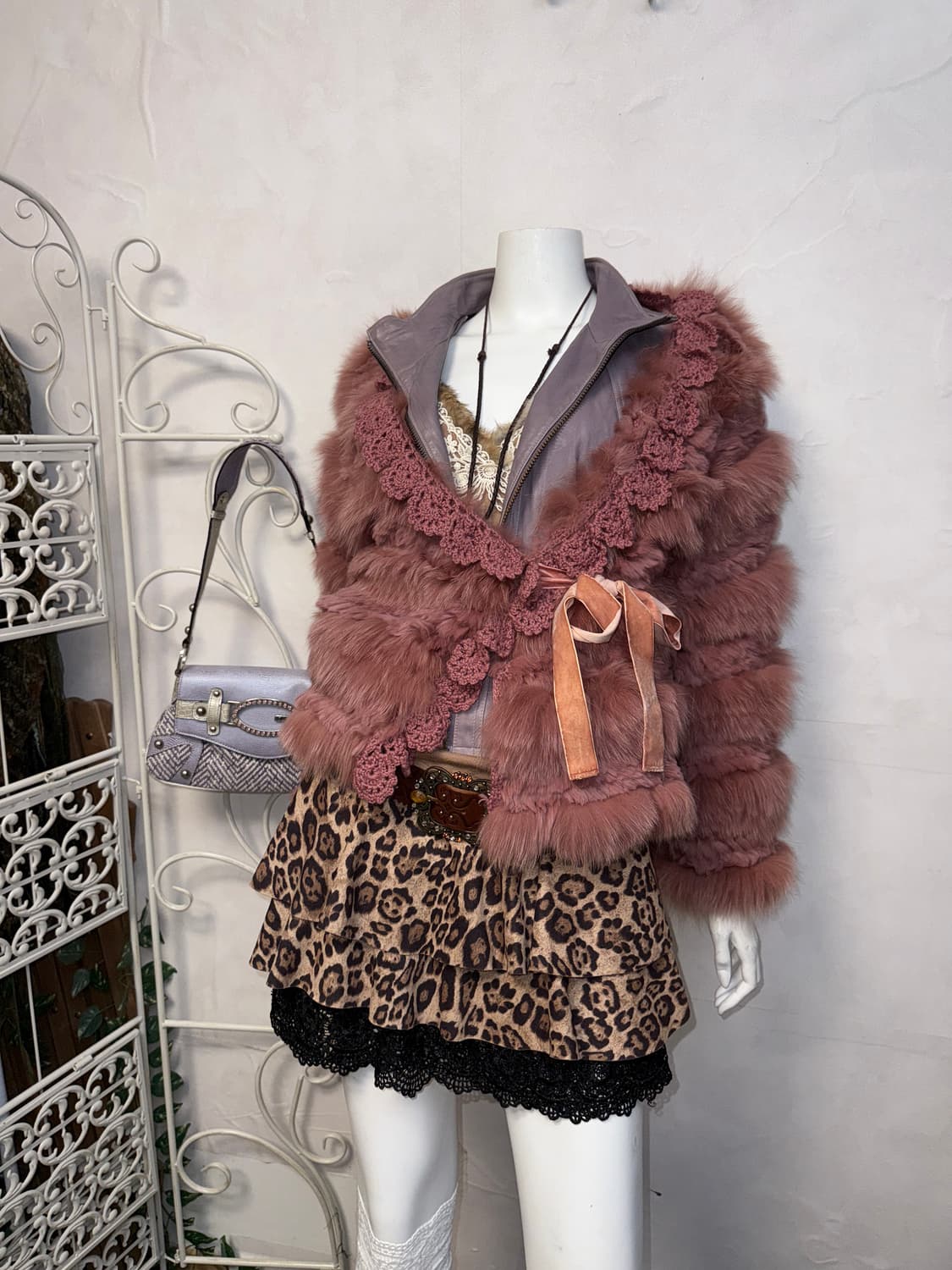 Rose pink rabbit&fox fur crochet wrap jk 상품이미지5