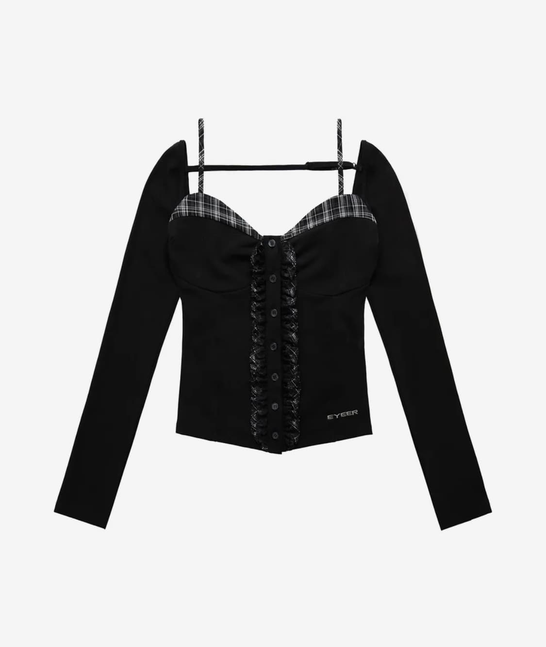 Eyeer 체크 패턴 레이어드 롱 슬리브 블랙&목걸이 코디 세트 상품이미지2