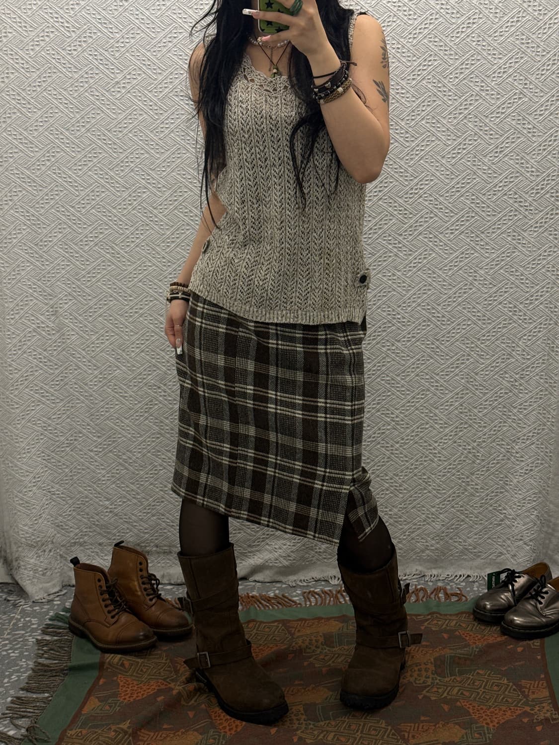 빈티지 모리걸 헤링본 체크 일자핏 미디스커트 K0147 상품이미지2