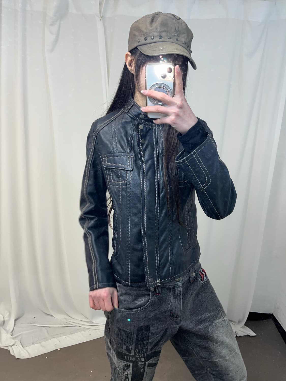 블랙 스티치 레더 자켓 상품이미지5