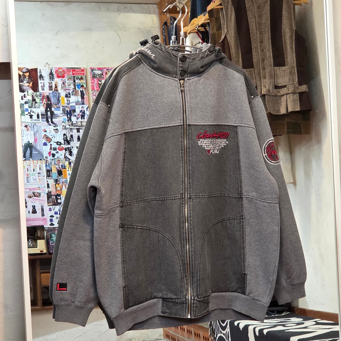 후부 데님 배색 올드스쿨 후드집업 상품이미지1