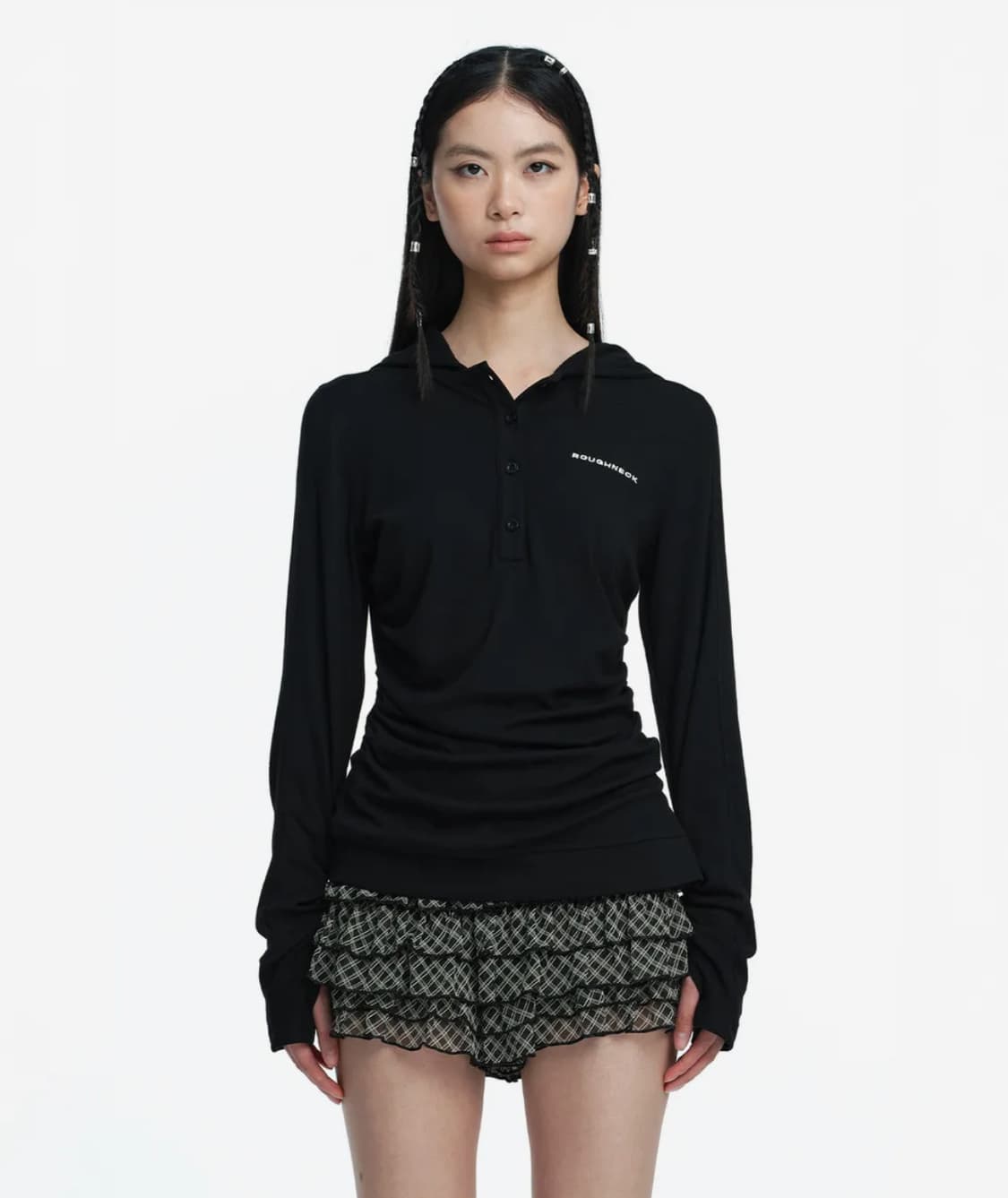 러프넥 헨리 후드 롱 슬리브 탑 블랙 M 상품이미지1