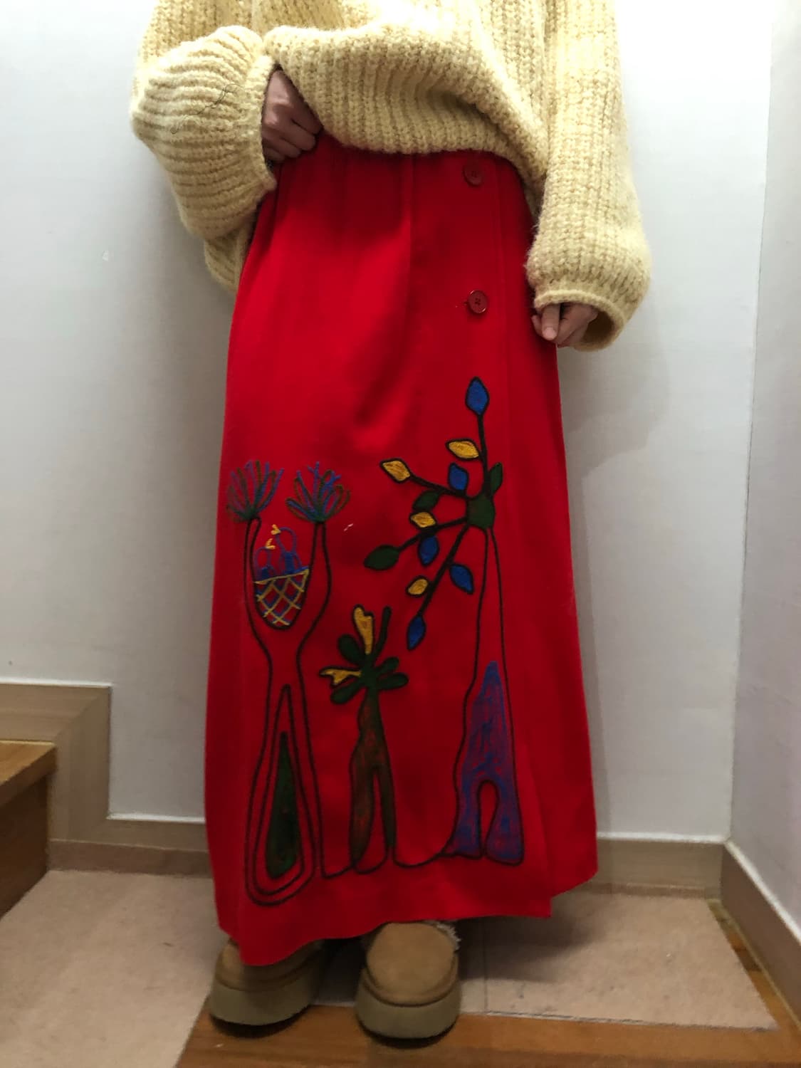 빈티지 레드 오리엔탈 버튼 롱 스커트 상품이미지1