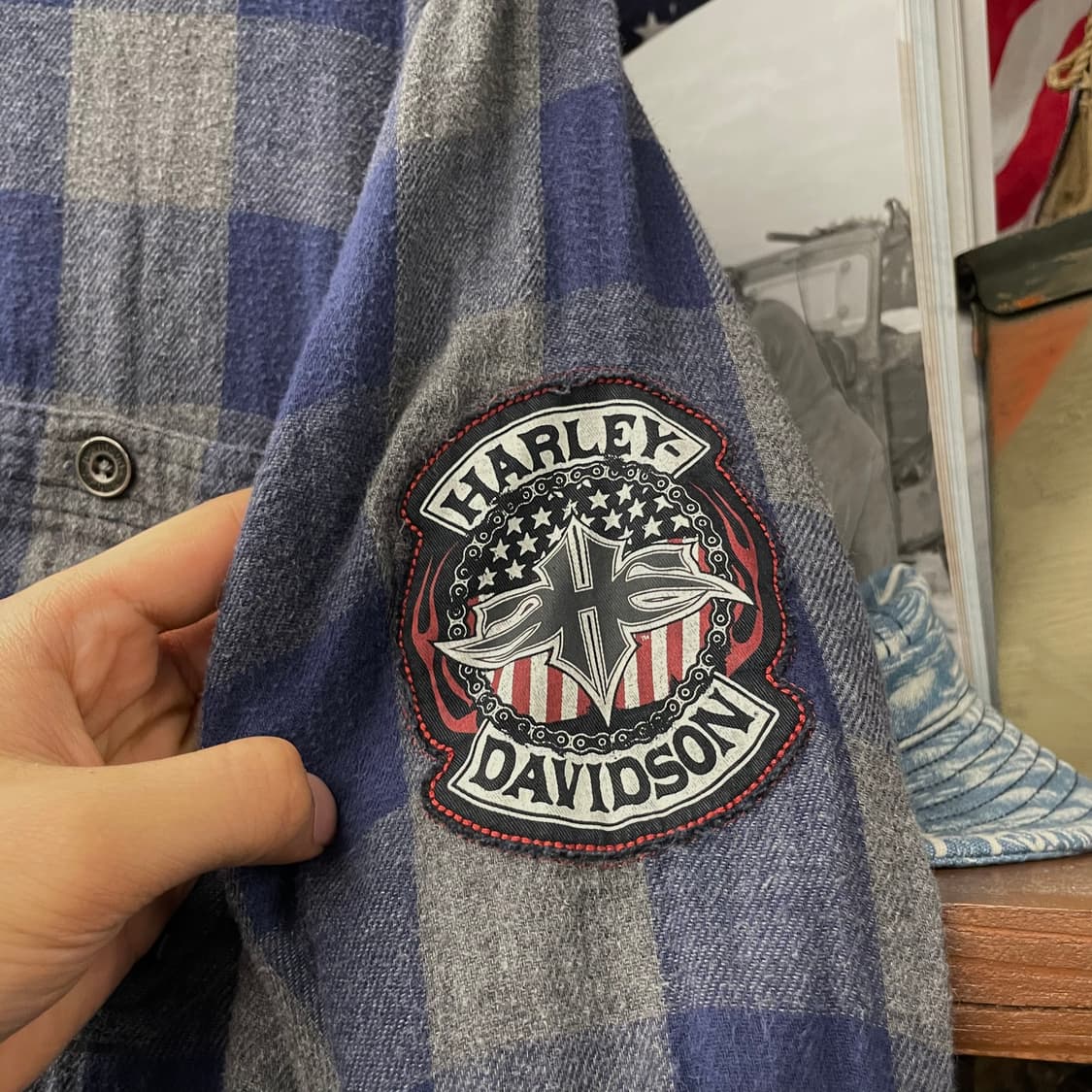 할리데이비슨 모터 사이클 암 패치 로고 멀티체크 포켓 셔츠 상품이미지5