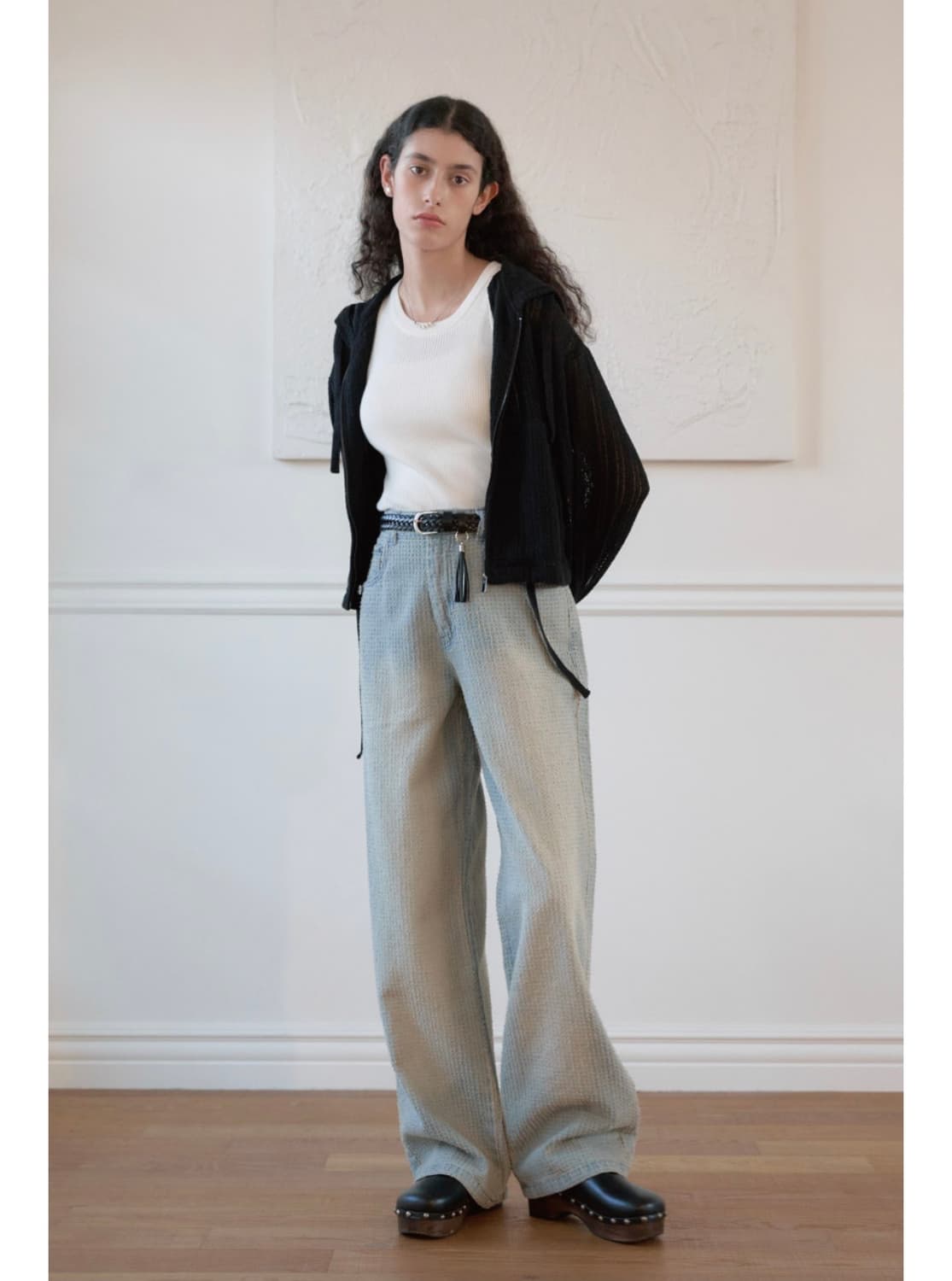 노이어 포 우먼 데미지 스트라이프 와이드 데님 팬츠 (라이트블루) 상품이미지4