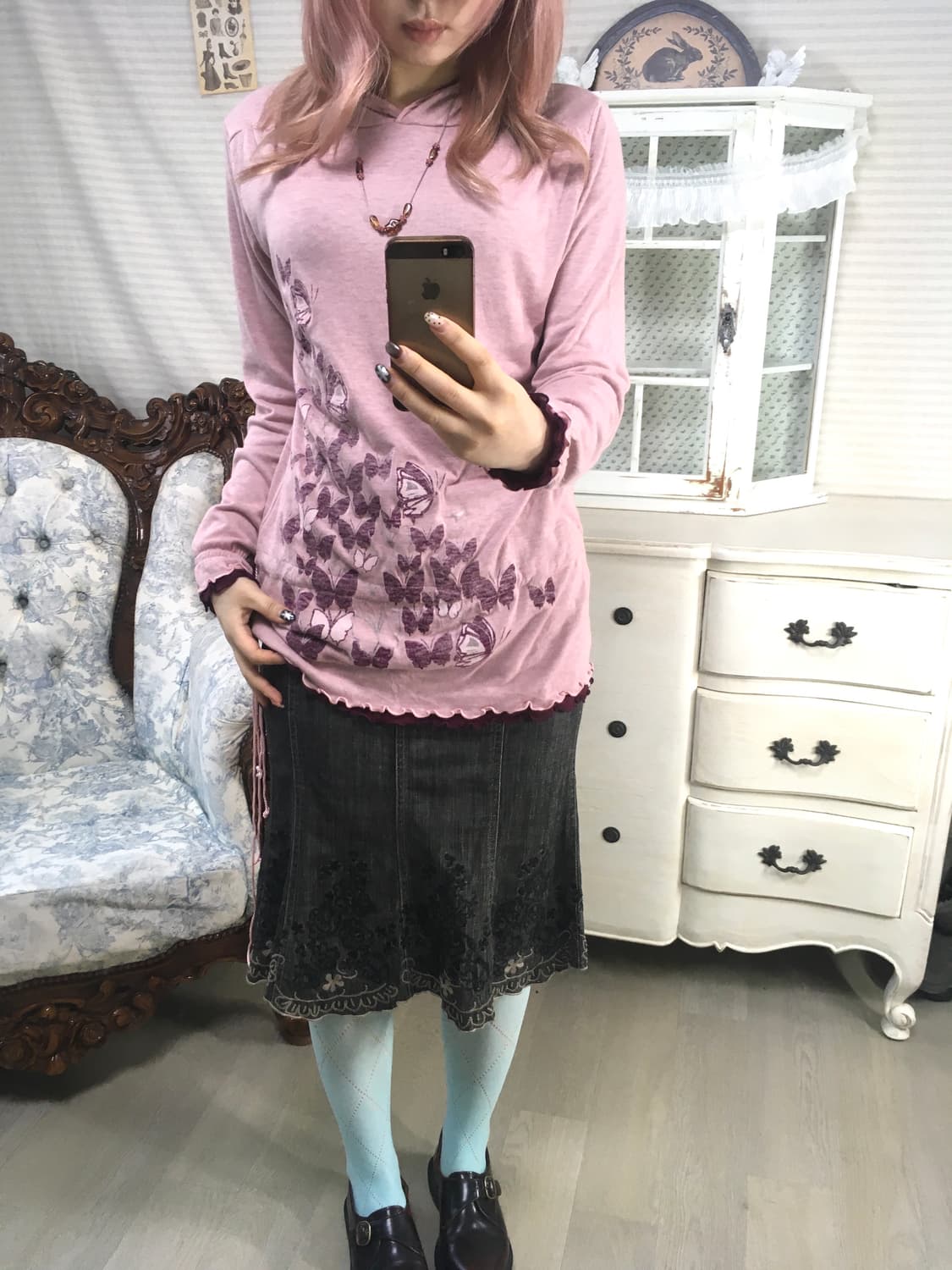 jpn vintage 오리엔탈 나비 셔링 후드티 상품이미지4