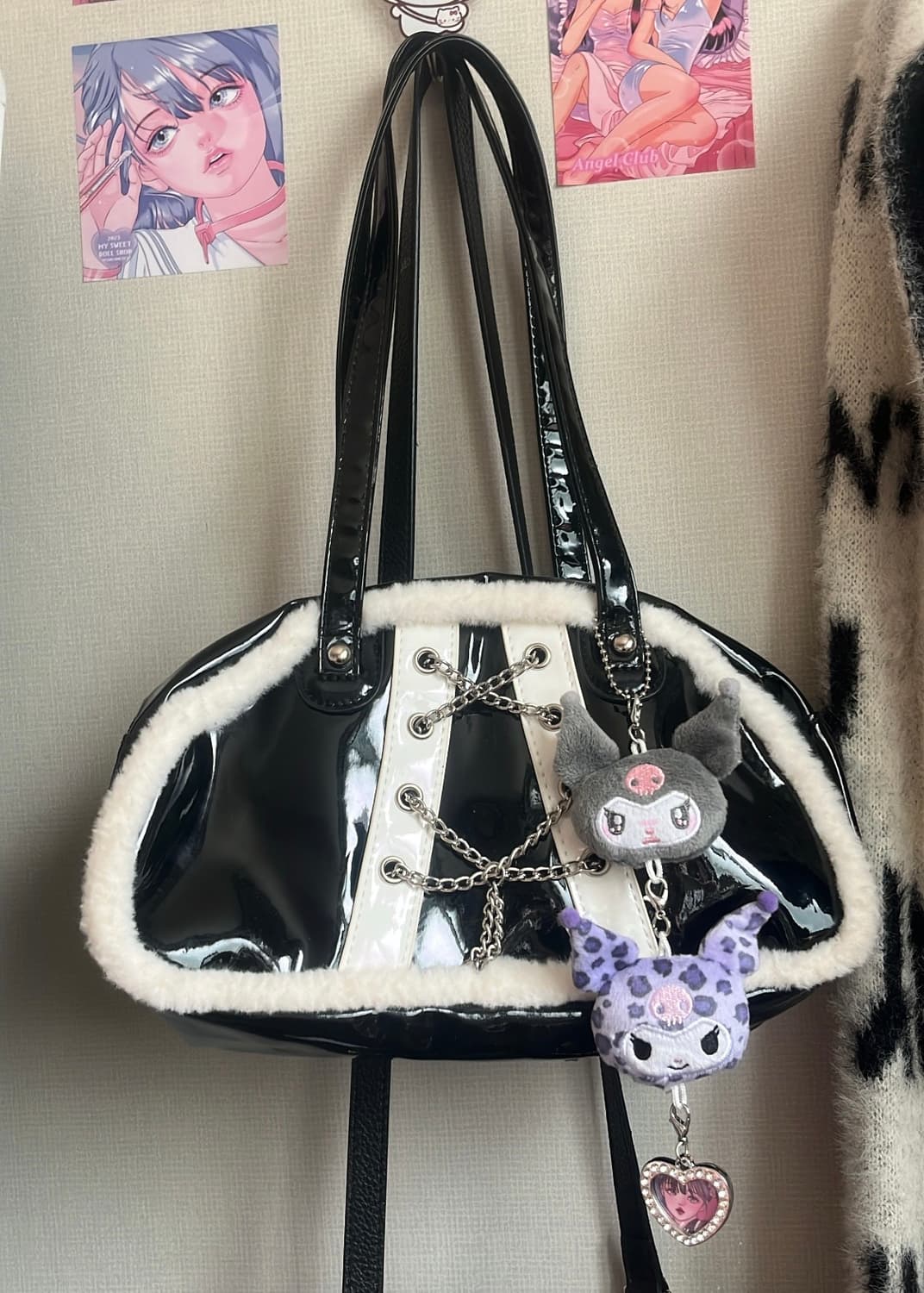 고스로리 블랙 에나멜 퍼 장식 체인 숄더백 고딕 고스펑크 갸루 가방 상품이미지4