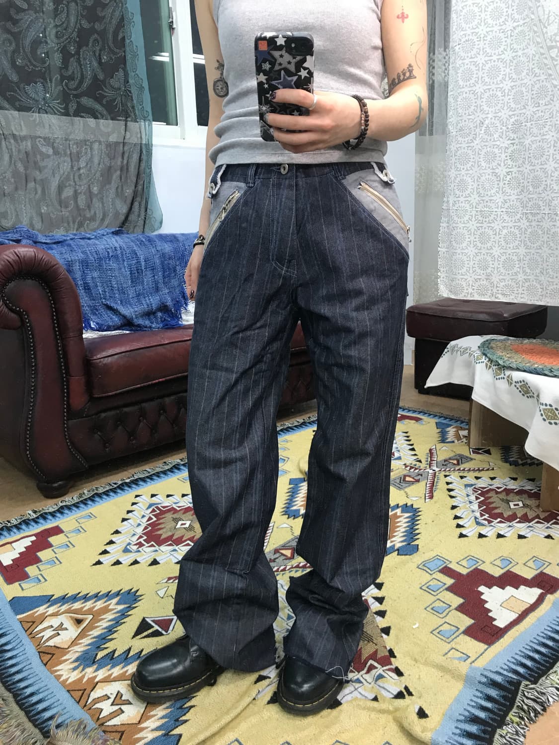 빈티지 지퍼 디테일 스트라이프 데님팬츠 (Z1017) 상품이미지1