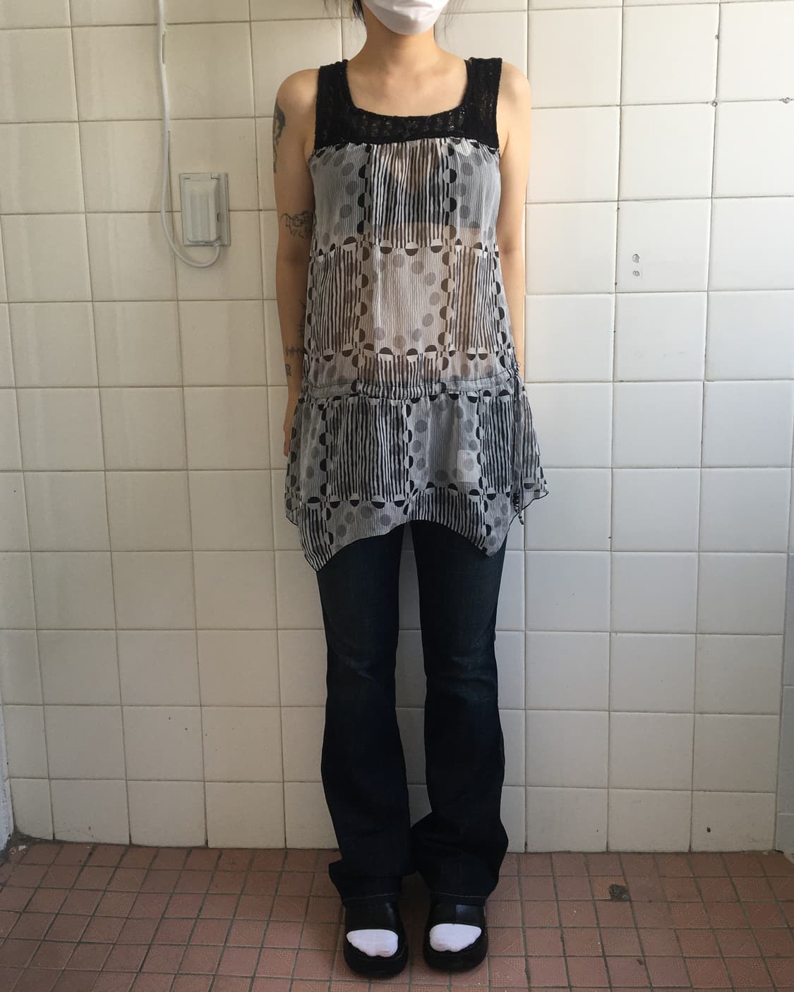 Dot pattern mixed sleeveelss 상품이미지5