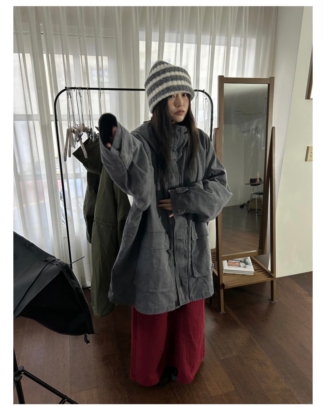 더기 시어링 오버핏 코튼 야상 가든페이지 후드 워싱 사파리 자켓 상품이미지3