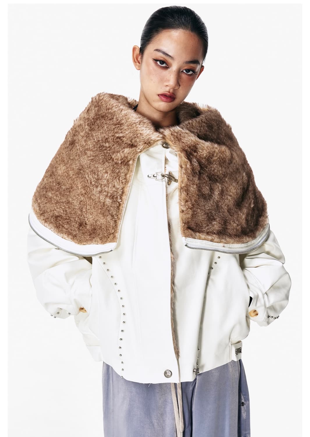 FOLD-OUT HOODIE SHAWL FUR JACKET WHITE 상품이미지1