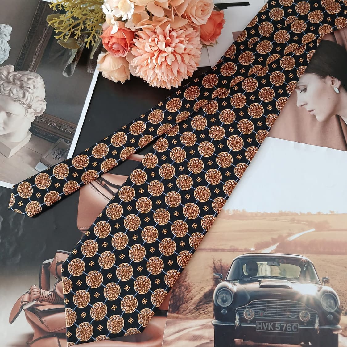 기라로쉬 실크 블랙 메달리온 패턴 넥타이 9.5cm A+등급 A19283 상품이미지3