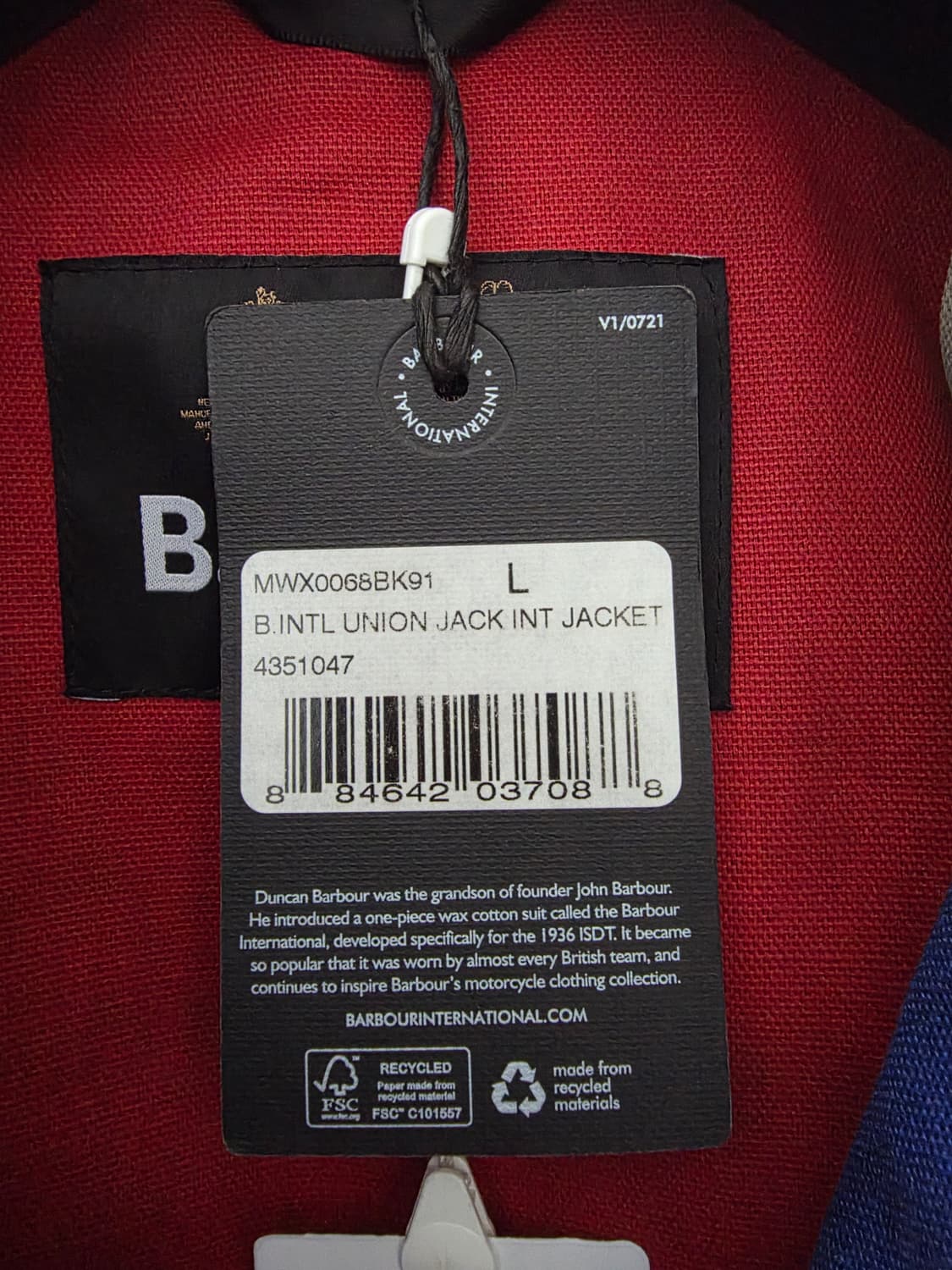 바버 인터내셔널 유니언잭 L사이즈 새제품 판매합니다. 상품이미지3