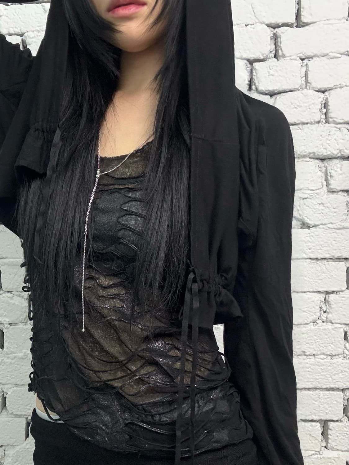 Noir Shirring Mesh Draped Cardigan 상품이미지3