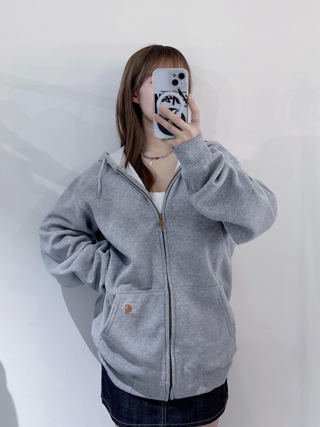 칼하트 그레이 스몰로고 후드집업 상품이미지1