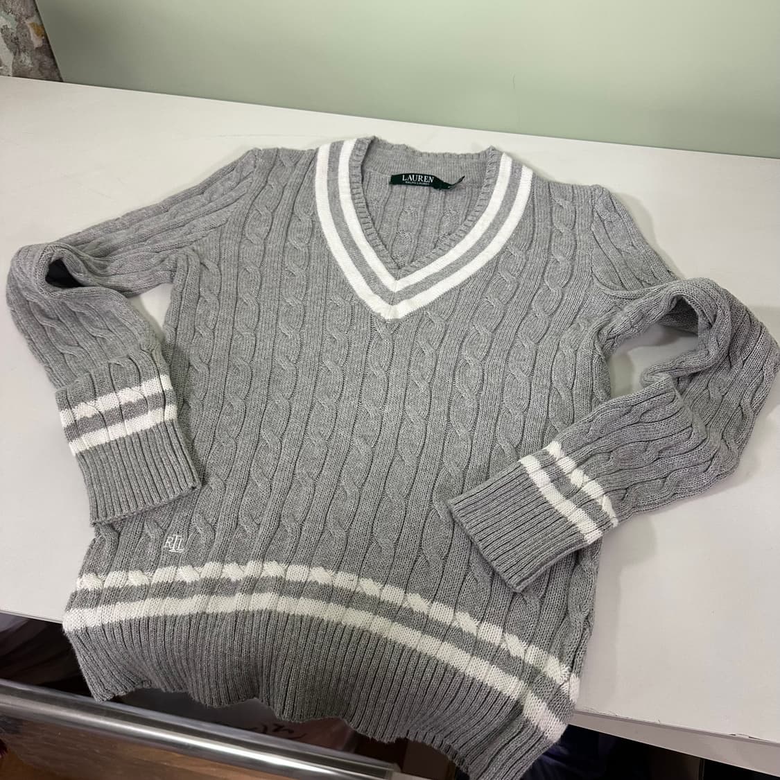 우먼S 로렌랄프로렌 그레이 브이넥 꽈배기면니트 상품이미지3