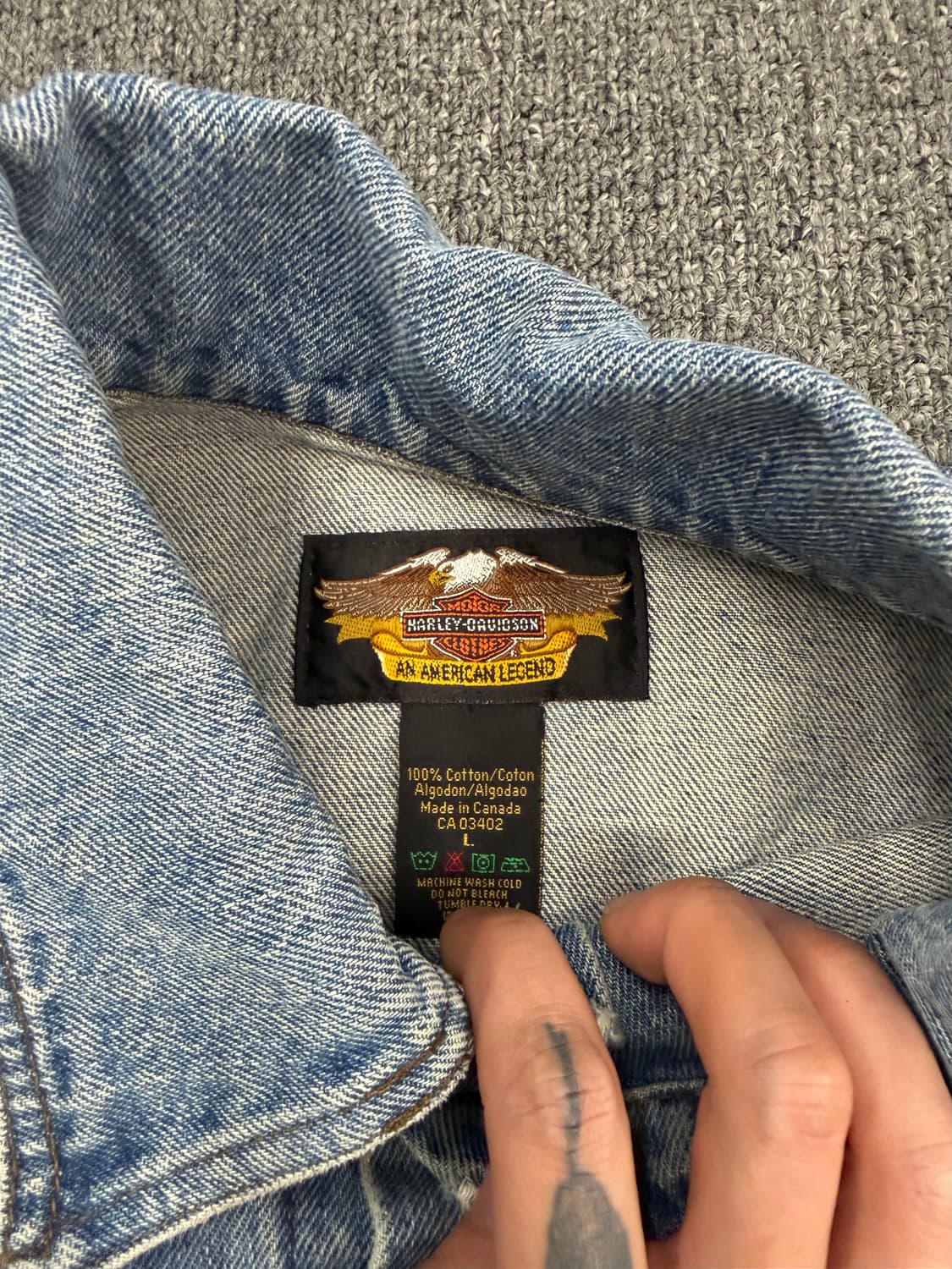 L) 할리데이비슨 빈티지 후면 빅로고 패치 워싱 연청 데님 자켓 상품이미지2