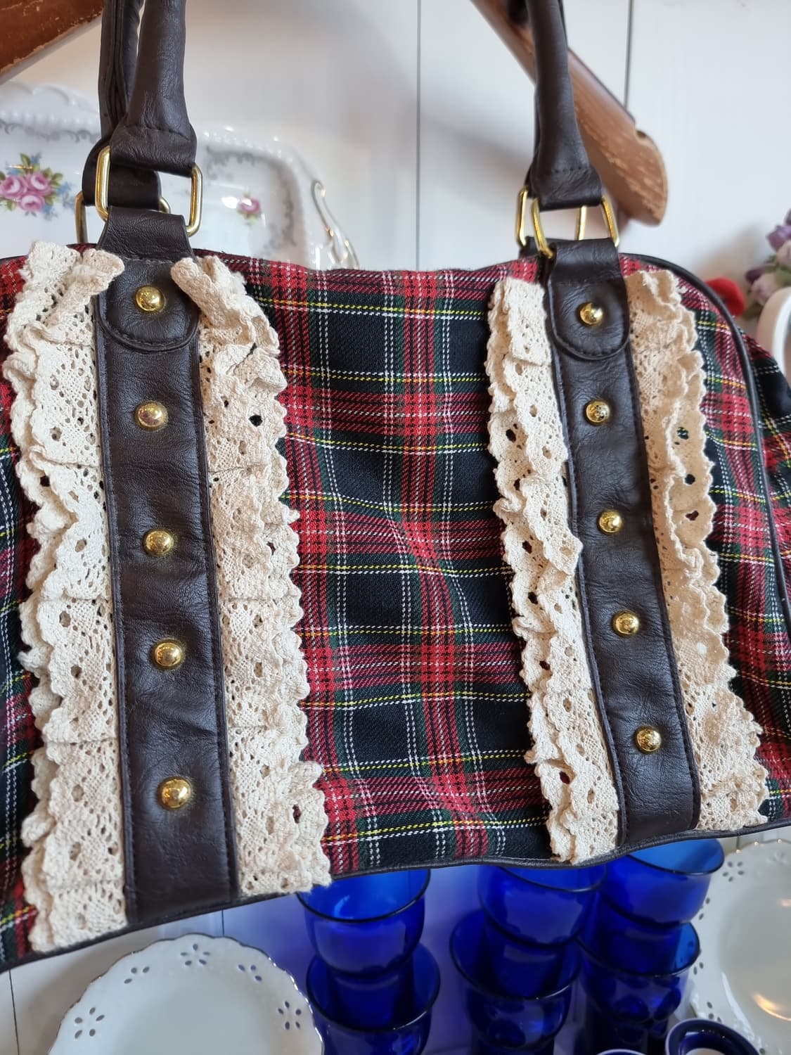 체크 숄더백 레이스 장식 가방 상품이미지2