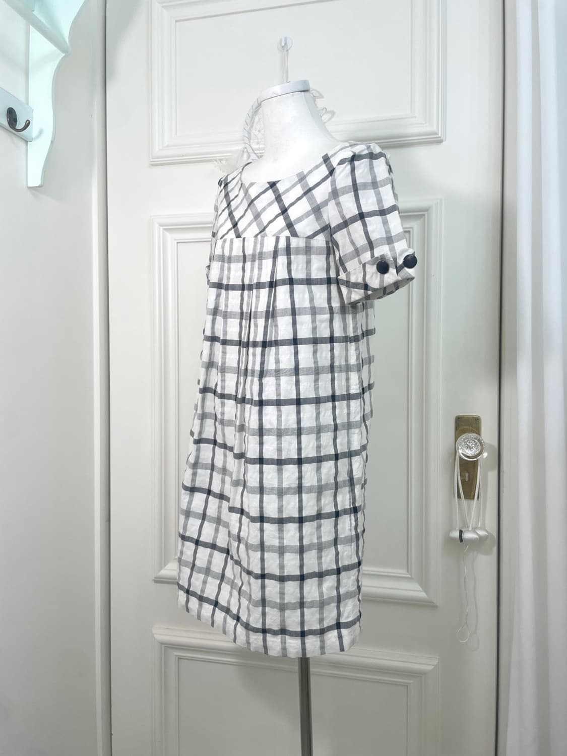 white black check button point summer op 상품이미지2
