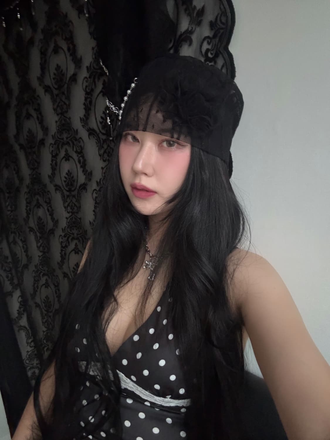 로즈 레이스 진주체인 코사지 시스루 비니 상품이미지6