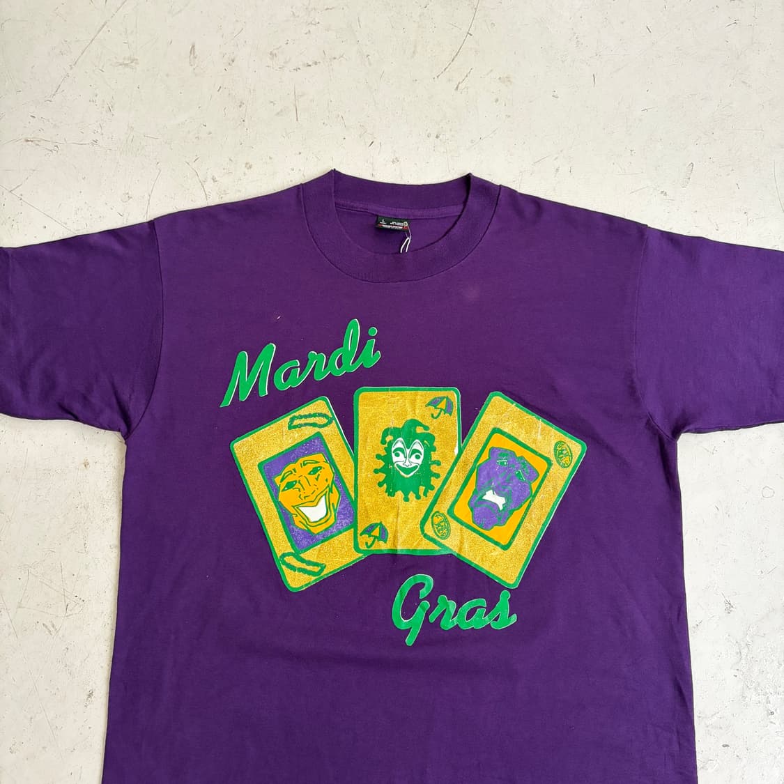 90s USA Mardi Gras 테마의 카드 빈티지 반팔티 L 상품이미지4