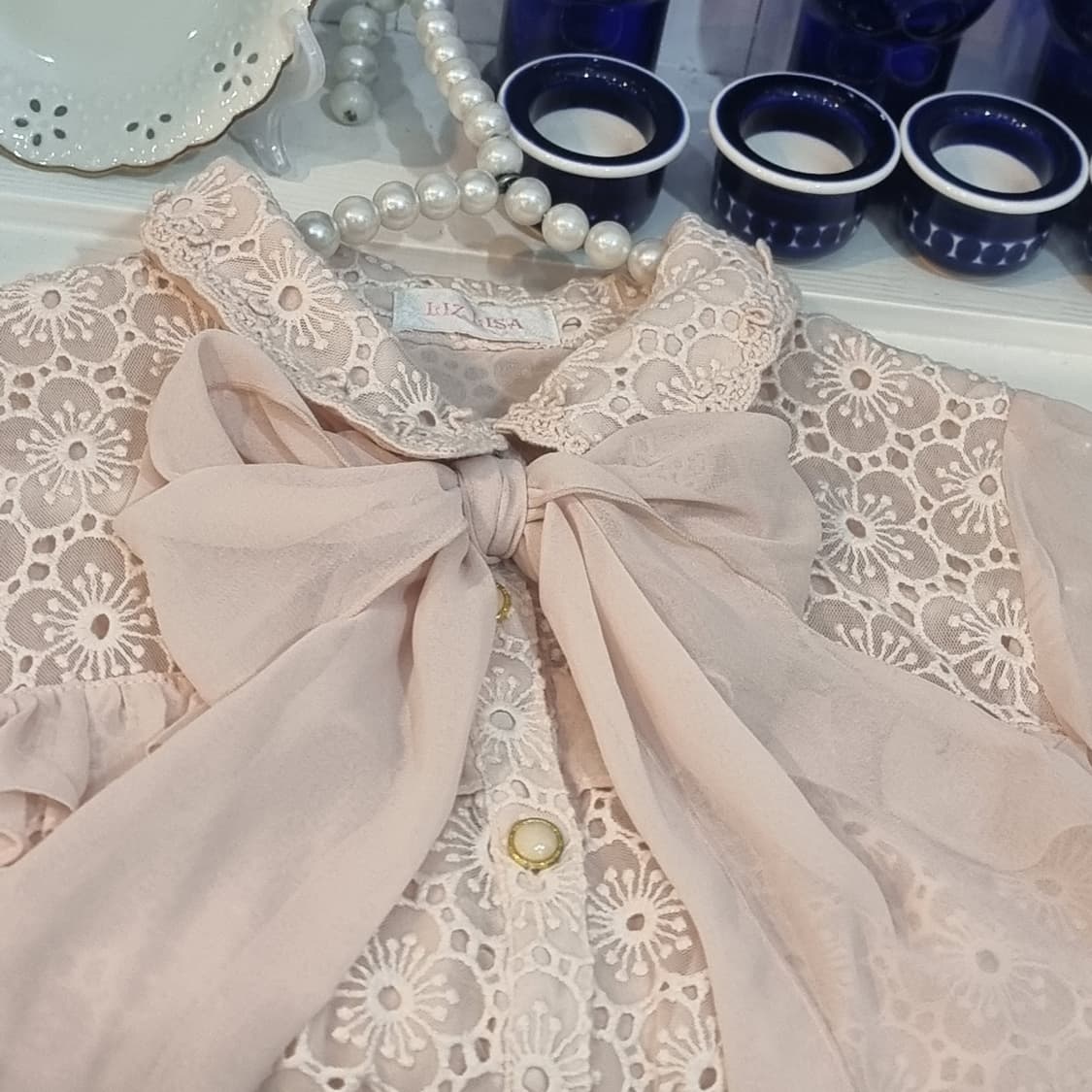 리즈리사 레이스 블라우스 핑크 리본 프릴 상품이미지2