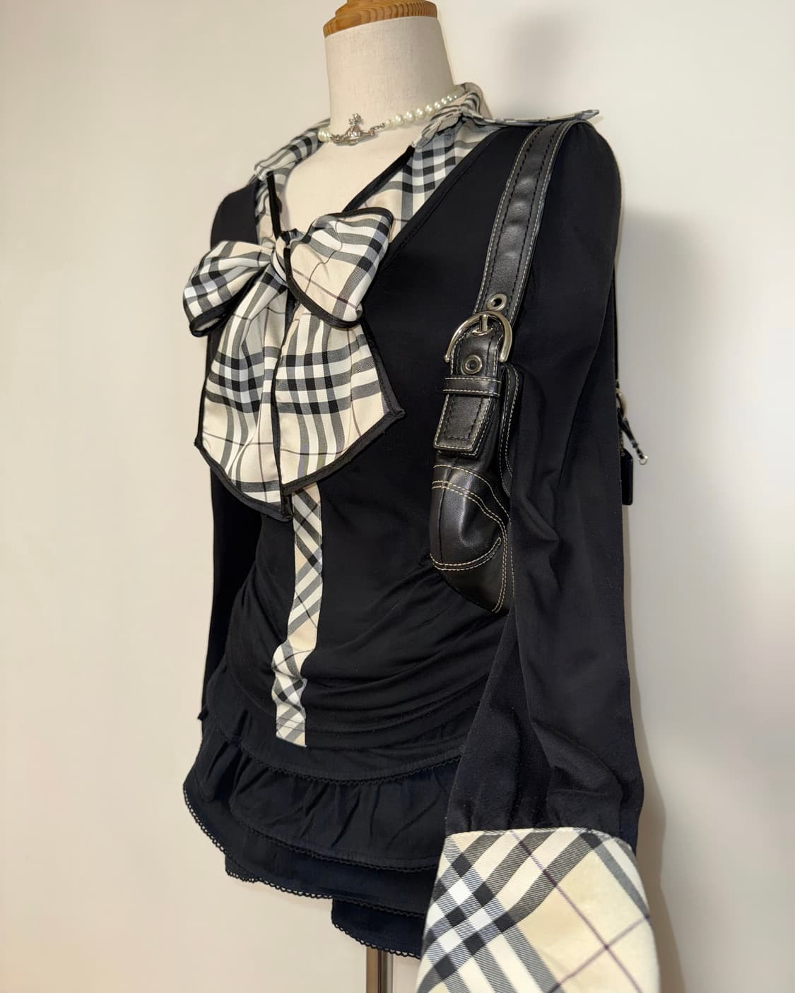 *레어* 핑크믹스 갸루 리본 체크 롱슬리브 상품이미지4