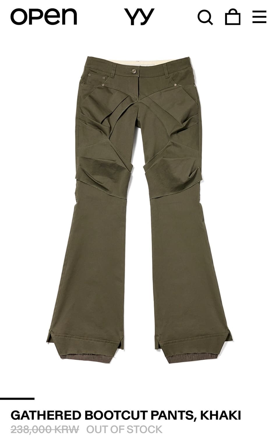 Open yy GATHERED BOOTCUT PANTS, KHAKI 상품이미지1