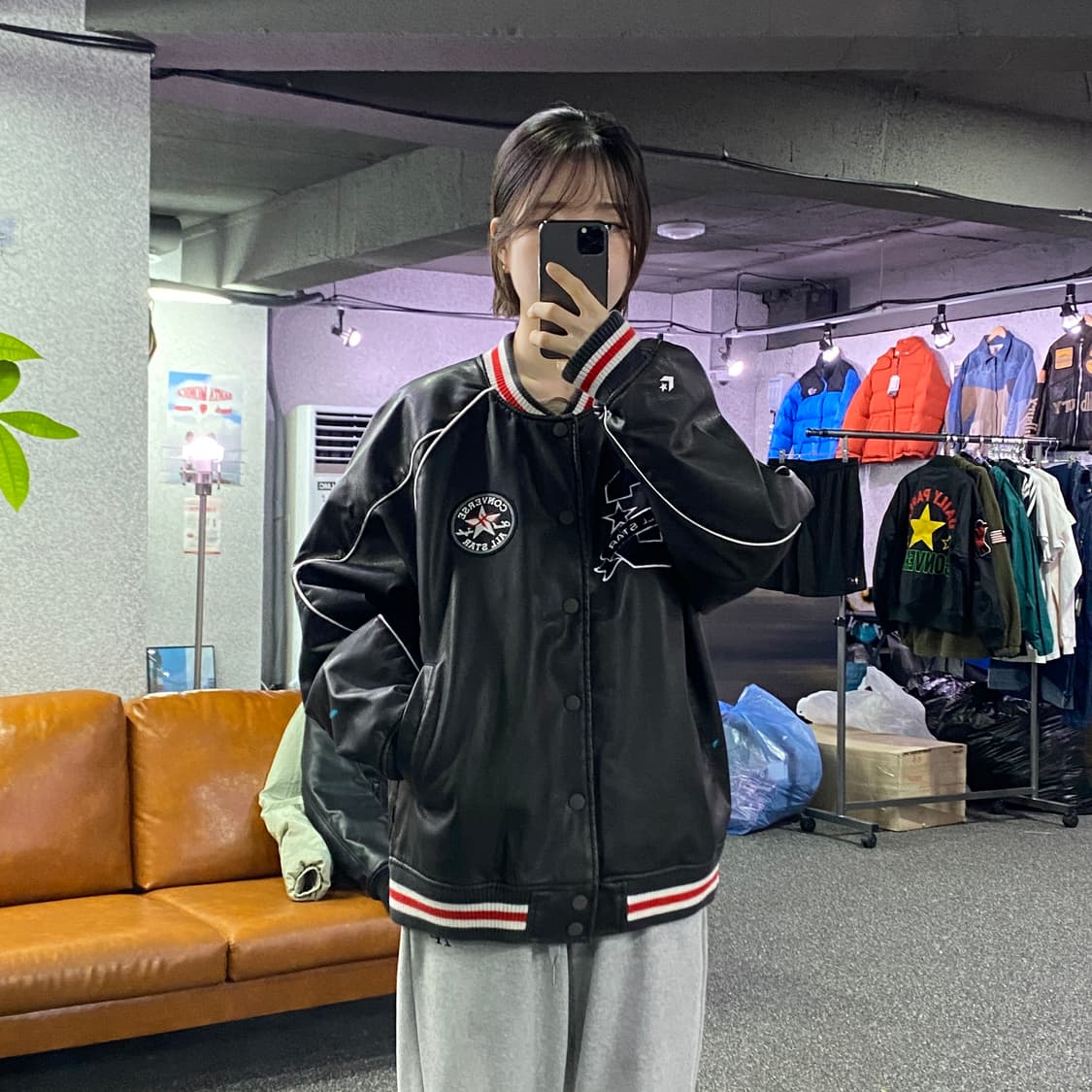 컨버스 아치로고 스타디움 레더 바시티자켓 B4327 상품이미지1