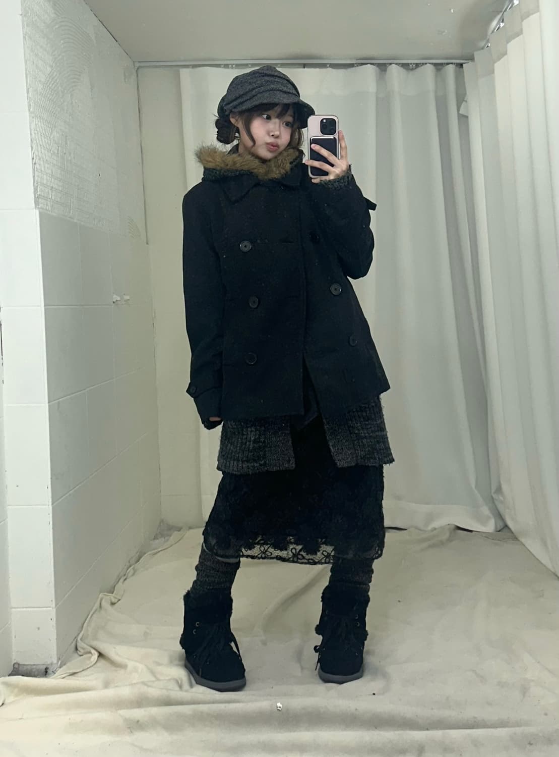 무채색 니혼진 도트 더블버튼 코트 코디세트 상품이미지4