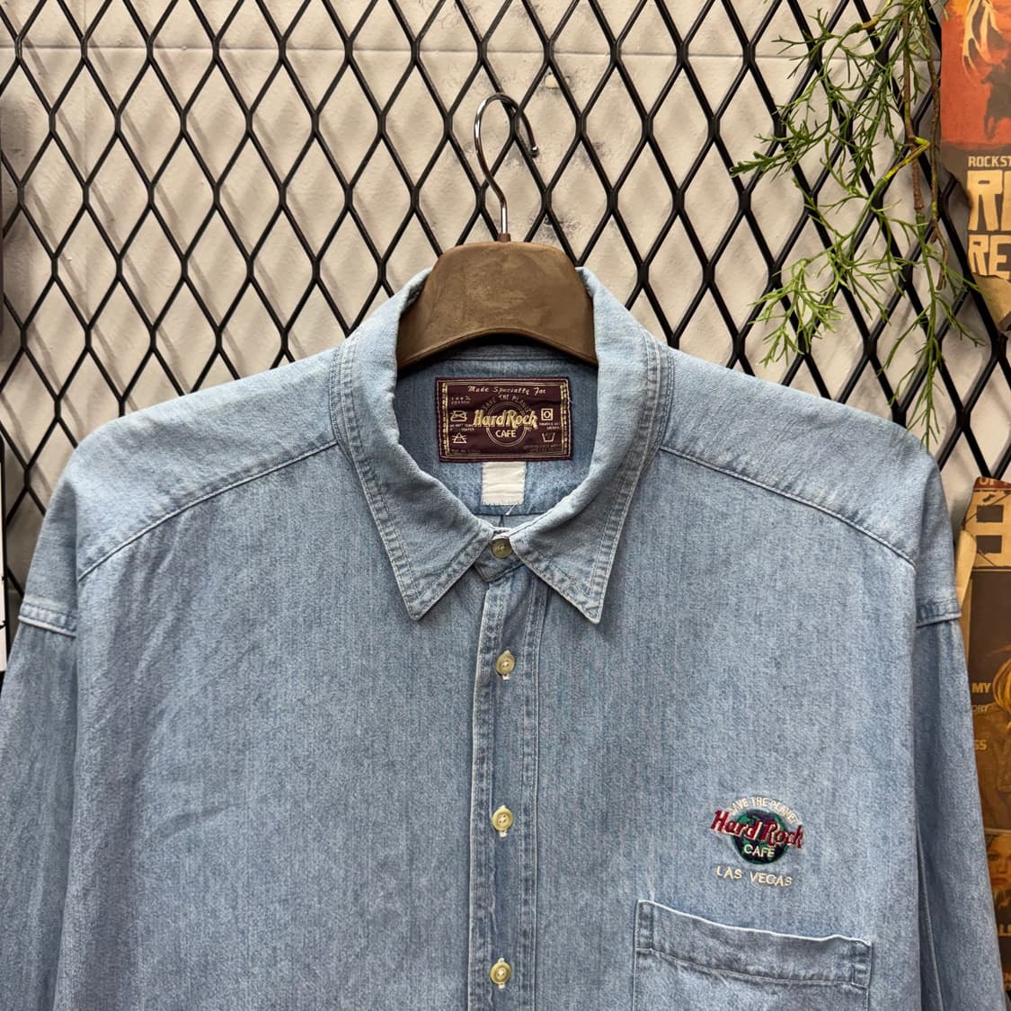 90s 하드락 카페 데님 셔츠 전면 원포켓 로고 포인트 연청 상품이미지3